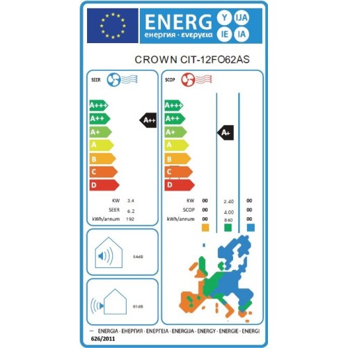 Crown CIT-12FO62AS Οικιακό Κλιματιστικό Inverter 12000 BTU, A++/A+, Λευκό
