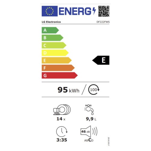 LG DF222FWS Ελεύθερο Πλυντήριο Πιάτων για 14 Σερβίτσια, με Ατμό και Wi-Fi, Π60xY85εκ, E, Λευκό