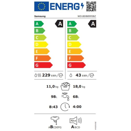 Samsung WD18DB8995BZT2 Bespoke Πλυντήριο-Στεγνωτήριο Ρούχων 18/11kg, 1000 Στροφών, με Αντλία θερμότητας, Ατμό & Wifi, A/A, Γκρι