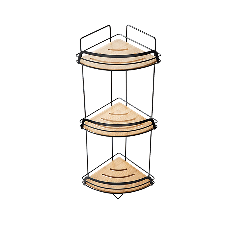 BORMANN BTW9040 Γωνιακή Επιτοίχια Ραφιερα Μπάνιου Μεταλλική,3 Ράφια Ξύλινα,Μαύρη,26.5x18.5x63cm 061564